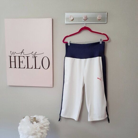 Preloved Puma white & contrasting blue grey wide leg cropped trackpants, L - Picture 2 of 12